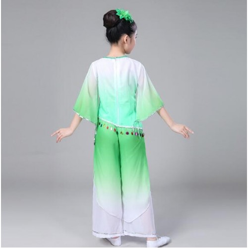 Girls Chinese Traditional Dance Costume for Stage pink green gradient Child National Folk Fan Dance Clothing Umbrella Oriental Dancer Wear Show 
